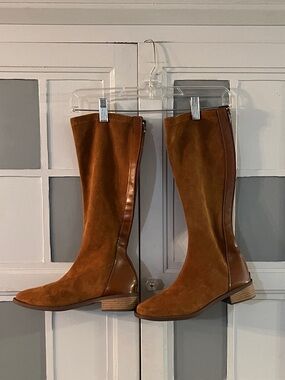 Tall Suede Riding Boots in Cognac Brown